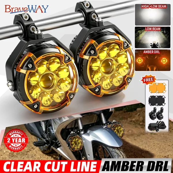 BraveWAY Dual-Lens Motorrad-LED-Fahrlichter mit klarem Lichtschnitt, High-Low-Kombi-Strahl, Amber DRL, IP68-Zusatzleuchten, komplettes Zubehör-Kit für Harley Sportster Dyna Softail Honda Gold Wing