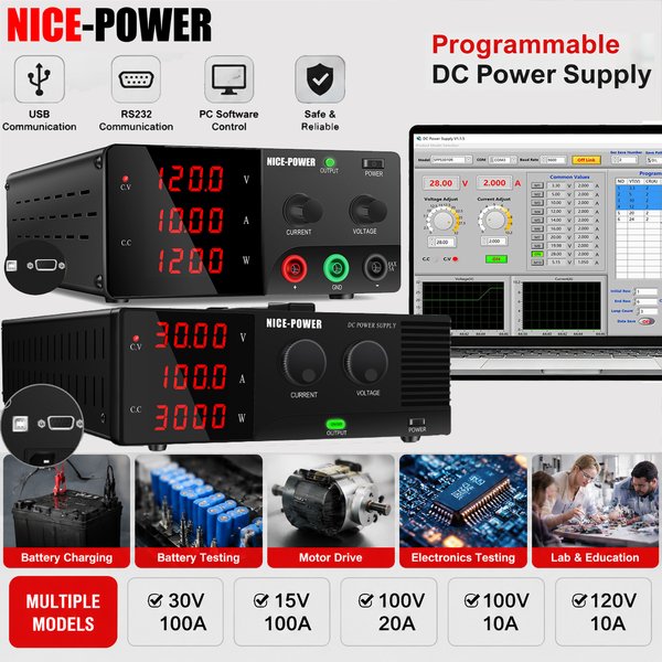 NICE-POWER Variables DC-Labornetzgerät 30V 100A 3000W, Tisch-Netzteil 100V 10A 20A / 120V 10A, Gleichstromversorgung 48V 60V 72V zum Batterieladen und Produkttesten