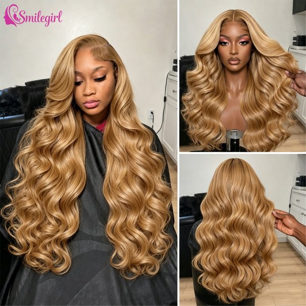 Honey Blonde Body Wave Human Hair Wigs 13X6 Hd Lace Frontal Wigs 250 Density Pre Plucked Brazilian Hair #27 Colored Lace Front Wig For Women
