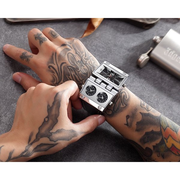 Cool Watch for Men Fashion Leather Strap Big Dial Multiple Time Zone Rectangle Quartz Wristwatches Male Clock Relogio Masculino