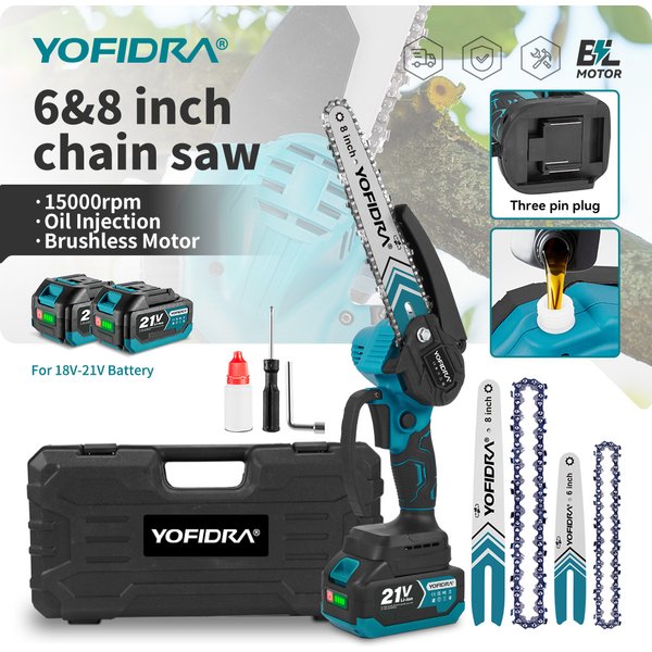 Scie à chaîne électrique sans fil YOFIDRA 8 et 6 pouces, outil de travail du bois rechargeable, compatible avec les batteries Makita.