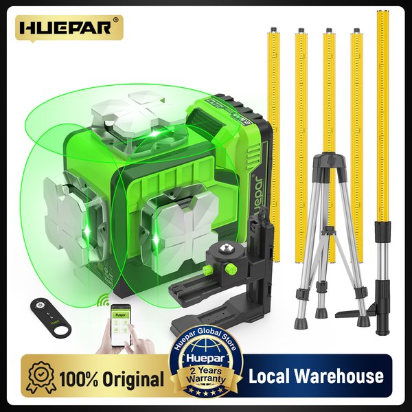 Huepar 12 Linien 3D Laser-Nivelliergerät Grüne Linie Selbstnivellierend 360° ° Horizontale und vertikale Hochpräzisions-Laserwerkzeuge mit Halterung P03CG