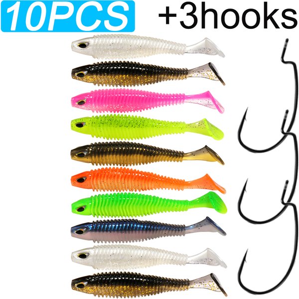 10PCS Große Weiche Köder 6,5 cm 7,5 cm 10,5 cm T Schwanz Wurm mit 3PCS Offset Haken Kurbel karpfen Angeln Pesca Swimbait Getriebe Silikon Köder