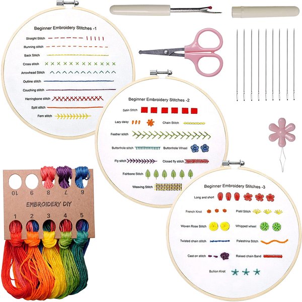 Kit de démarrage de broderie bricolage pour débutants, ensemble de pratique du point de croix pour apprendre 30 points différents, compétences de broderie au point à la main