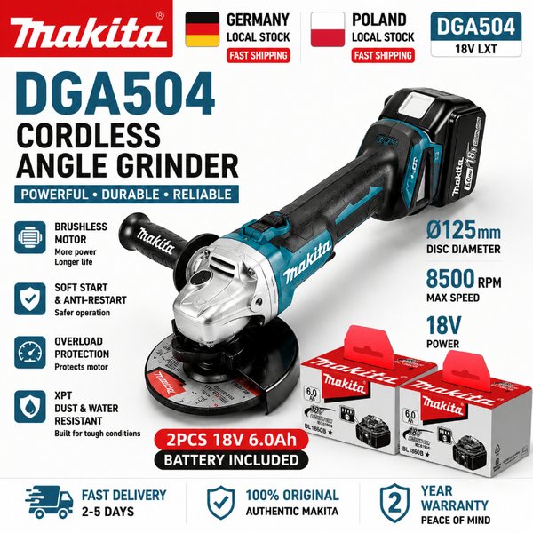 Original Makita DGA504 Akku-Winkelschleifer 18V Bürstenlos 125mm Elektrowerkzeug (ohne Akku) EU-Lagerbestand Schneller Versand LXT Kompatibel mit BL1830 BL1840 BL1850 BL1860B 18V 6,0Ah Li-Ionen-Akku