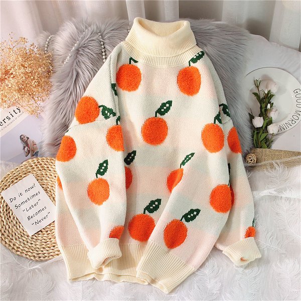 Winter Women's Turtleneck Sweater Orange Pattern Long Sleeve Knitted Pullover Jumper Female Fashion Comfortable Knitwear