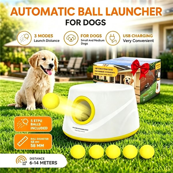 Automatischer Hundeballwerfer der Nächsten Generation, Interaktiver Tennisballwerfer für Hunde mit 5 ETPU-Bällen - Ungiftig, Interaktives Hundespielzeug