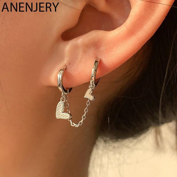 ANENJERY Double Hoops Chain Earring Dainty Star Love Heart Stacking Huggie Earrings for Women Jewelry Accessory