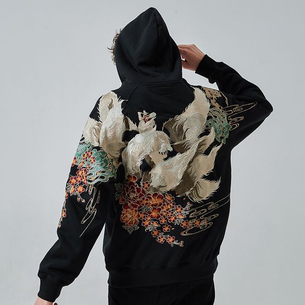 Sweat à Capuche en Renard Brodé pour Homme, Streetwear Japonais, Hip Hop, Harajuku, en Coton, Pull Décontracté, Noir, Y2K, 2023