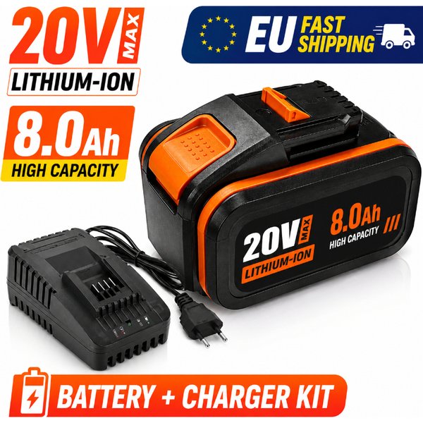 8000mAh 20V 8.0Ah Hochleistungs-Li-Ionen-Ersatzakku kompatibel mit Worx WX390 WX176 WX166.4 WX372.1 WX800 WX678 WX550 WX532 WG894E WG629E WG329E Akku für kabellose Elektrowerkzeuge mit langer Laufzeit