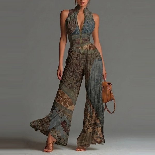 Combinaison élégante à col montant et jambes larges, sexy, à col halter, sans manches, taille haute, décontractée, unie, plissée, pour le bureau et les trajets quotidiens