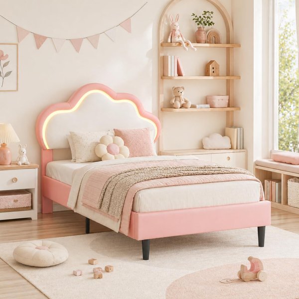 Comanlai, lit rembourré de 90 × 200 cm avec tête de lit en forme de nuage, lit pour enfants, lit simple en forme de nuage, sommier à lattes, motif en forme de pétales, rose.