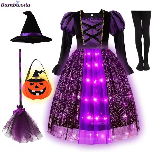 2026 Funkelnde Hexen-Halloween-Kostüme für Mädchen LED-Leuchtendes Lila Langes Kleid für Mädchen Karnevals-Cosplay-Outfit mit Besen und Hut