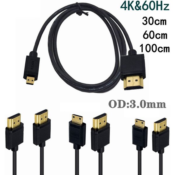 OD3.2mm Super Soft Micro HDMI To HDMI-compatible To Mini HDMI Cable Ultra Thin 4k@60hz Light-weight Portable 1ft Short Thin Hdmi