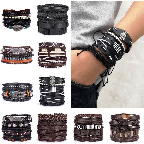 Ensemble de bracelets ronds tressés vintage pour hommes, pendentif cuir chevelu, perles de riz, ULréglable, bijoux punk, cadeaux à la mode
