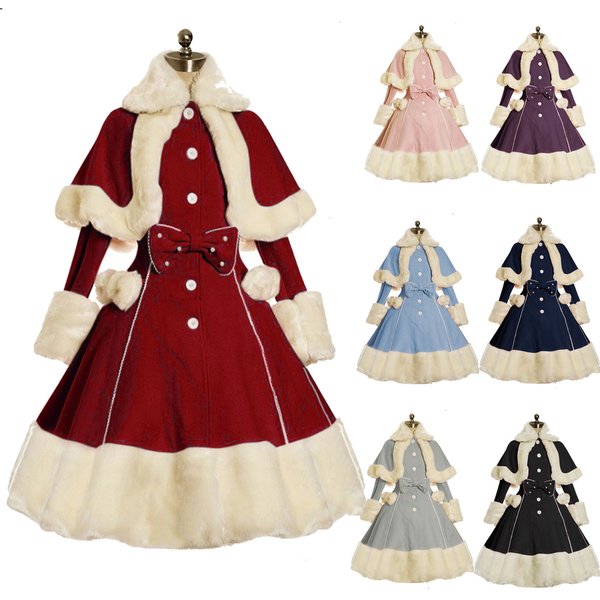 Women Vintage Cosplay Costume Cape Dress Princess Cloak Dresses Bow Single Breasted Thick Halloween Costumes Vestidos Winter