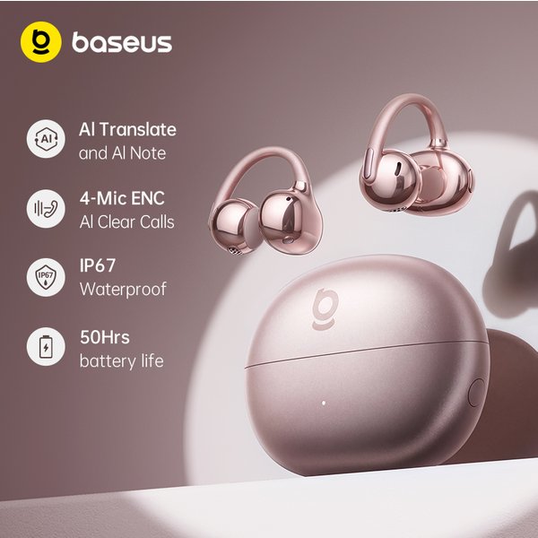 Baseus Bowie MC2 S Open Ear Clip Wireless Earphones Bluetooth 6.0 Comfort Clip On Sports Earbuds 4-Mic Clear Calls Al Translate