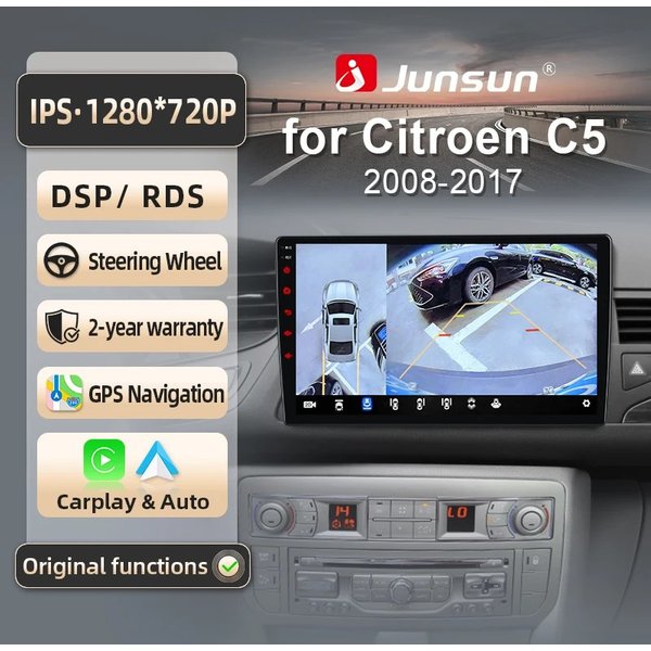 Junsun Autoradio für Citroen C5 2008-2017, kabelloses CarPlay, Android Auto mit Smart Car Systems Bildschirm, Autozubehör, Bluetooth