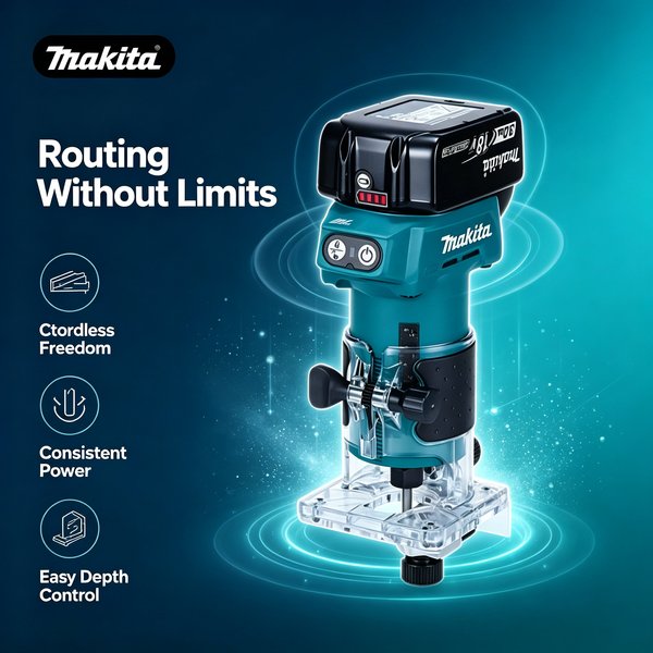 Robuster, leichter Makita DRT52 18V LXT Akku-Kompaktfräser – Zuverlässiges Holzbearbeitungsgerät für Kantenbearbeitung, Nutenfräsen, Schlitzfräsen, Renovierungsarbeiten vor Ort und Heimwerkerprojekte