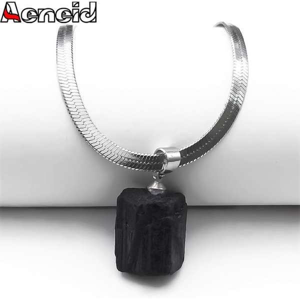 Collier pendentif Tourmaline noire naturelle irrégulière pour femmes et hommes, chaîne de lame de serpent en acier inoxydable, bijoux NXXXXS04