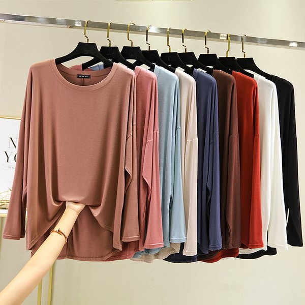 Lâche mince Modal t-shirts manches longues femmes automne fond T-shirt col rond grande taille solide T-shirt hauts haut basique maillot de corps