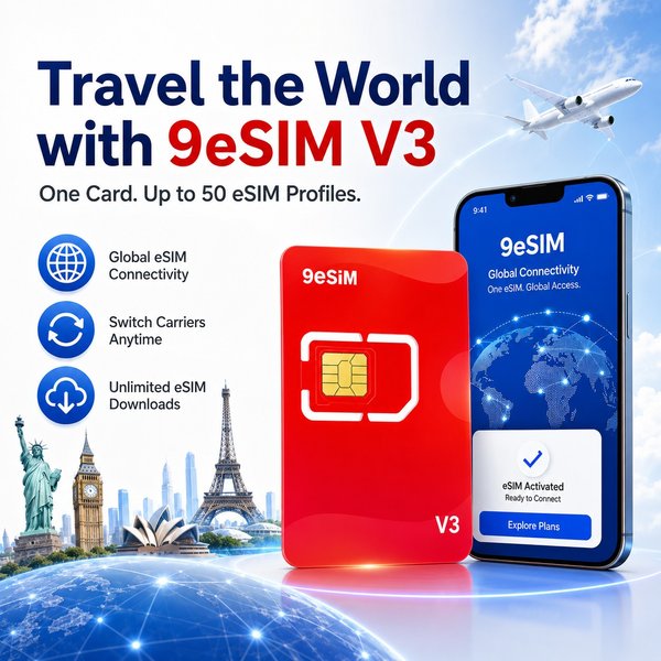 Carte SIM virtuelle physique 9esim V3 – Téléchargement illimité de profils mobiles – Compatible avec les téléphones mobiles débloqués ESIM – Prise en charge du menu STK