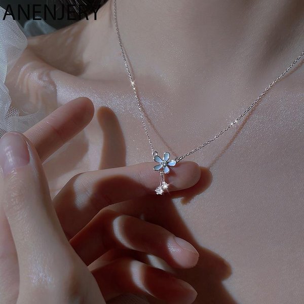ANENEJERY Grey Blue Daisy Flower Necklace Female Light Luxury Niche Design Sense Tassel Flash Zircon Clavicle Chain collares