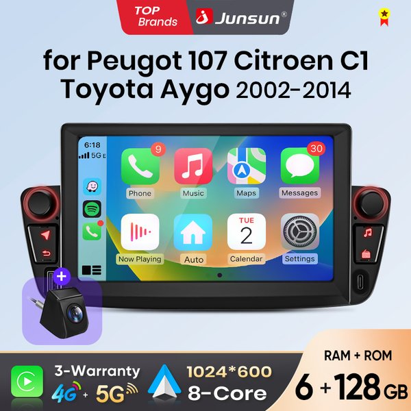 Junsun 7-Zoll Kabelloses CarPlay Android Auto Autoradio für Peugeot 107 Toyota Aygo Citroen C1 2005-2014 Multimedia Kabelloses Apple CarPlay Intelligente Systeme IPS Touchscreen Stereo-Videoplayer 2