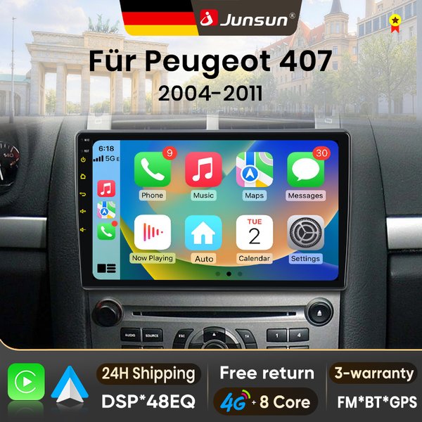 Junsun 9-Zoll Android 15 Autoradio für Peugeot 407 CC SW 2004-2011, kabelloses Apple CarPlay, Auto-Touchscreen-Stereo-Multimedia-Videoplayer, intelligentes Fahrzeugsystem,