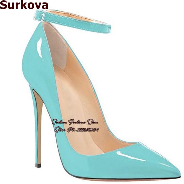 Surkova-Escarpins pointus en cuir verni turquoise, talon aiguille, robe, Parker, peu profond, mariage, rinçage, sangle, à enfiler, 12cm