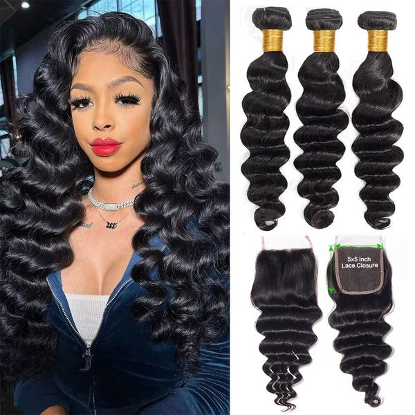 Paquets de cheveux humains avec HD 5x5 paquets de fermeture de dentelle 100% Extensions de cheveux humains paquets d'armure de vague profonde lâche avec dentelle frontale