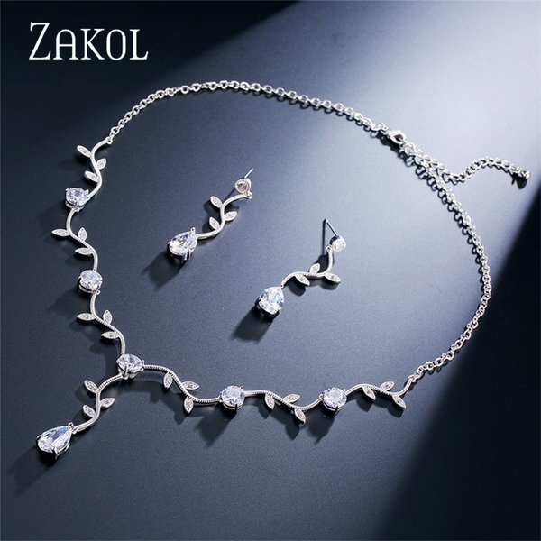 ZAKOL Klassische Zirkonia Kristall Brautschmuck Sets Elegante Blattform Halsband Wassertropfen Ohrringe Hochzeitskleid für Frauen