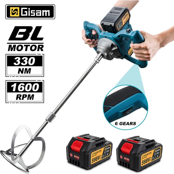 Mélangeur à béton électrique sans balais Gisam 40V, 6 vitesses, sans fil, pour ciment, mortier, plâtre et peinture, compatible avec batterie Makita 18V