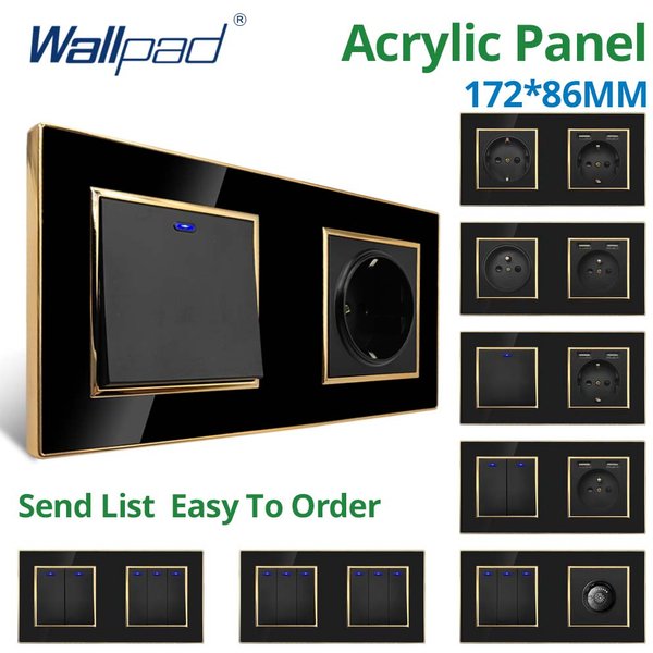 Wallpad panneau acrylique noir bordure dorée interrupteur d'éclairage mural LED variateur USB Charge prise ue prise 5 6 7 8 Gang 2 voies réinitialiser