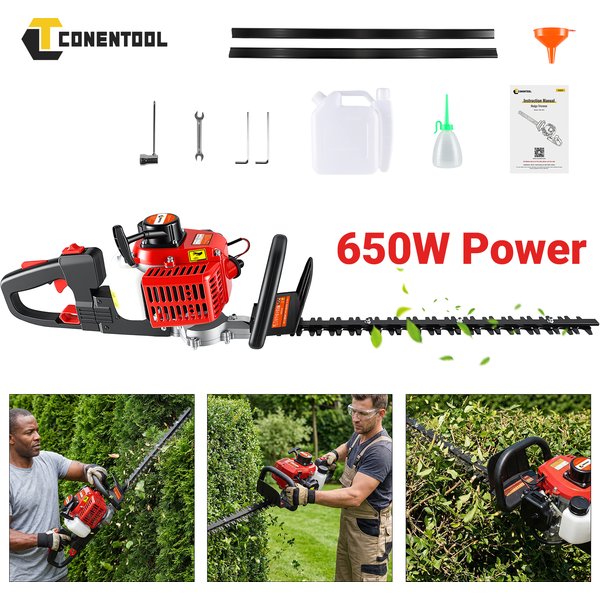 CONENTOOL Taille-haie thermique 22 pouces 22,5 cm³ 2 temps, coupe-haie à essence à double lame, sécateur de jardin pour arbustes, branches et outils de pelouse