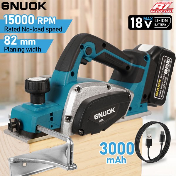 SNUOK 18V bürstenloser elektrischer Hobel, Elektrowerkzeug, 3,0-Ah-Akku mit Typ-C-Anschluss für Makita-Lithium-Akku, 15.000 U/min, hohe Drehzahl, geeignet zum Hobeln von Holz, zum Bearbeiten von