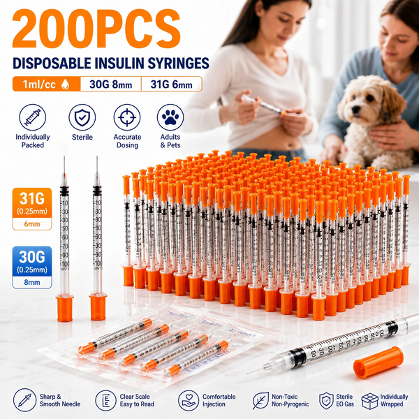 100/200 Stück sterile Einweg-Insulin-Injektionsspritzen in verschiedenen Größen 6mm/8mm 0,5ml/1ml, einzeln verpackt, tragbarer Injektor