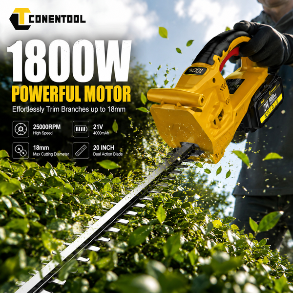 CONENTOOL 21V Professioneller kabelloser elektrischer Heckentrimmer, 52,5 cm Schnittlänge, 18 mm Schnittkapazität, kabelloser Heckentrimmer mit 2x 4,0Ah Akkus & Schnellladegerät, leichte Gartenschere