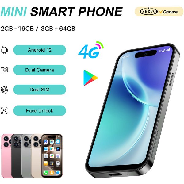 SERVO S16 Mini 4G LTE, smartphone Android mignon, double SIM, déverrouillage facial, GPS, WiFi, Bluetooth, lecteur vidéo, téléphone portable de poche 3,9 pouces
