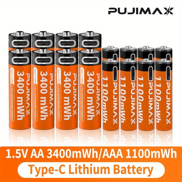 Akumulator litowy PUJIMAX 1.5V AA&AAA 3400mWh/1100mWh, ładowanie przez port Type-C, możliwość ponownego użytku 1500 razy, do budzików