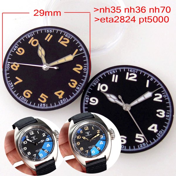 Nologo Vintage 29 mm schwarzes Zifferblatt für Piloten-Taucheruhr NH35 NNH36 NH37 NH38 NH39 ETA2824 PT5000 Miyota 8215 Uhrzeiger-Set