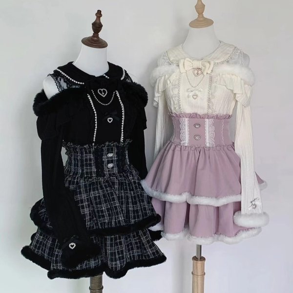 Jirai Kei Layered Skirt Outfit Lolita Y2K Rosa Spitze Perlen Langarm-Oberteil Damen Süß Kawaii Hohe Taille Japanischer Stil Weihnachts-Set
