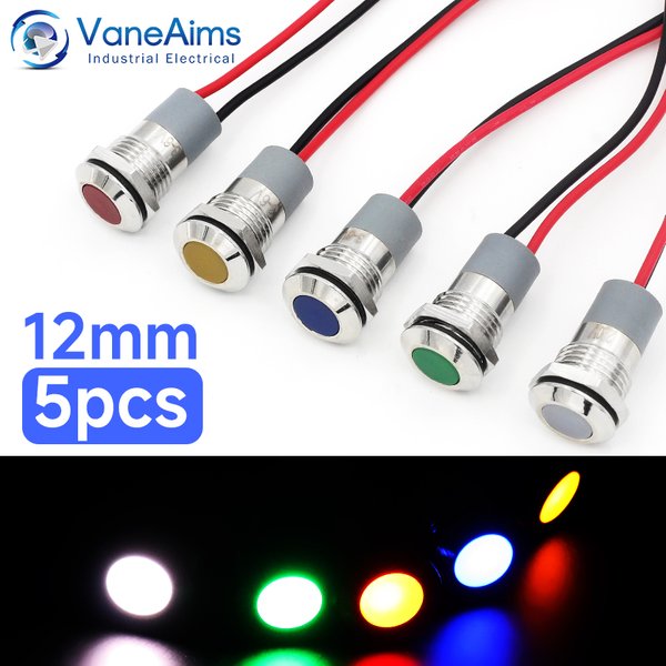 VaneAims 5 Stück LED-Metallanzeige, 12 mm, wasserdicht, Schalttafelmontage, kleine flache Signalleuchte, 3–6 V, 12–24 V, Rot, Gelb, Blau, Grün, Weiß