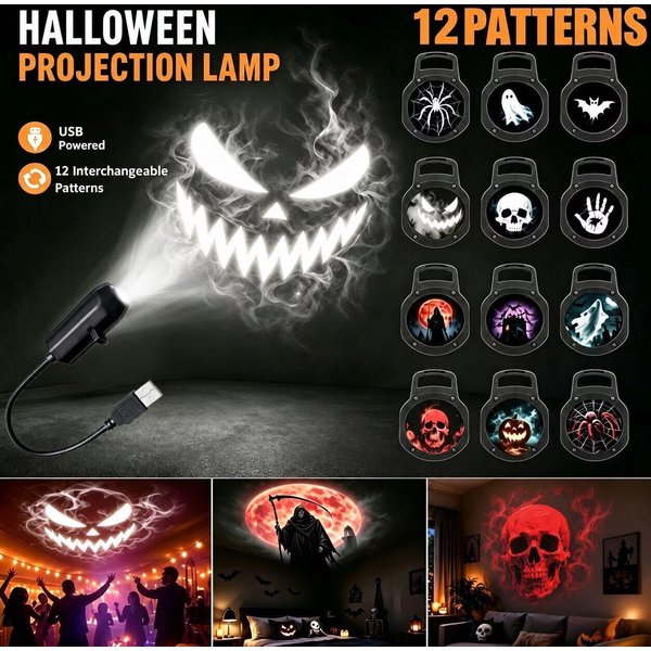 Projecteur USB lumière Halloween fantôme crâne veilleuse commutable motif projecteur LED lampe pour chambre plafond fenêtre décoration murale