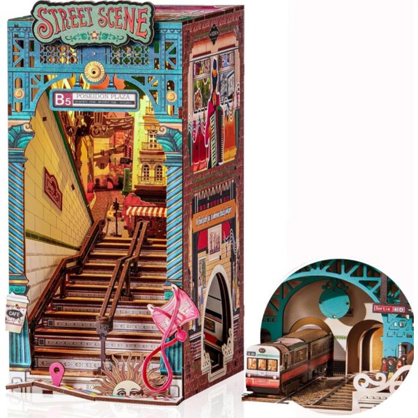 Robotime DIY Miniatur-Haus-Buchnischen-Set Straßenszene Booknook mit Beleuchtung Diorama Modellbausatz Deko-Geschenk für Erwachsene