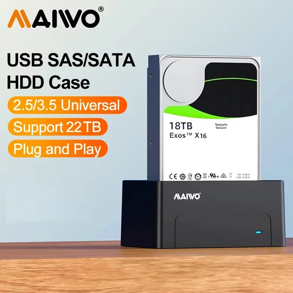 MAIWO SAS Festplatten-Dockingstation 2,5/3,5 Zoll 5 Gbit/s mit UASP 22 TB Kapazität SATA auf USB 3.0 Adaptergehäuse-Lesegerät für PC