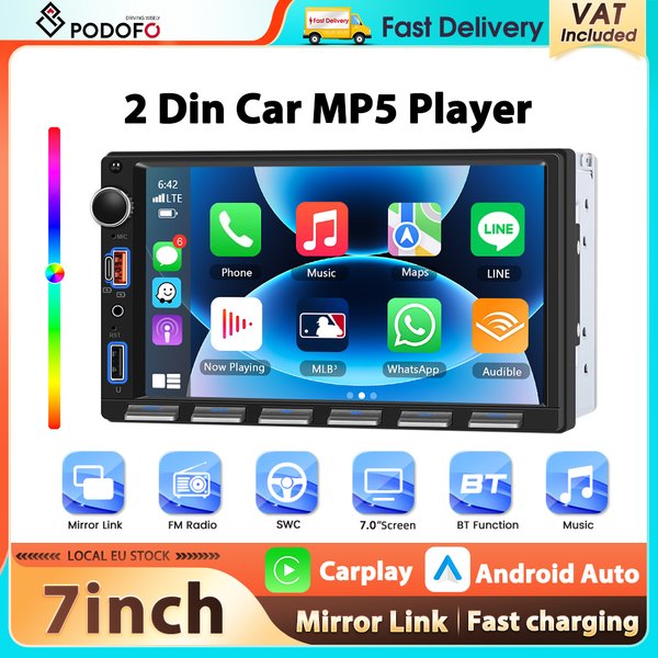 Podofo 7'' 2Din MP5-Player Kabelloses Carplay Android Auto Multimedia-Player USB FM EQ Sound IPS-Bildschirm Klaviertasten AUX Audio Bluetooth Auto-Stereoanlage