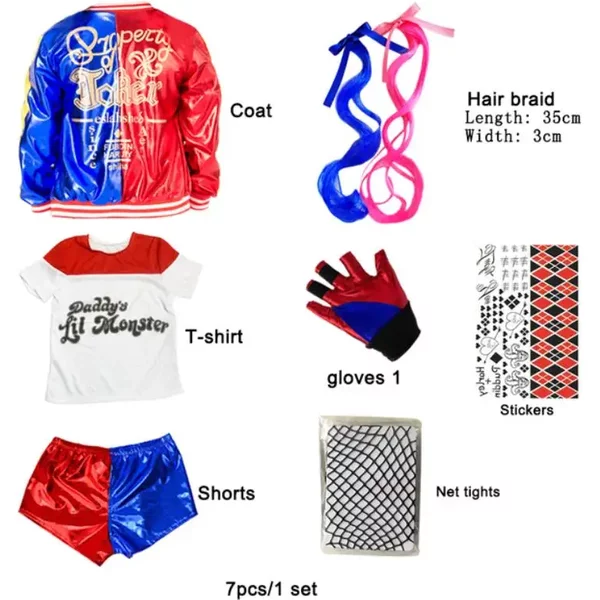 Meisjes Vrouwen Helpfmoord Harley Cosplay Kostuums, Squad Quinn Monster Gestikte Jas Broek Sets, Halloween Anime Kostuum Korte