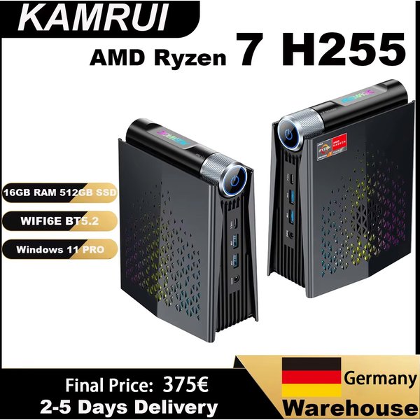 KAMRUI Gaming Mini-PC Ryzen 7 H255 16GB LPDDR5 512GB PCIe4.0 SSD Radeon 780M WIFI6E BT5.2 Win11 Pro Desktop-Computer für Büro