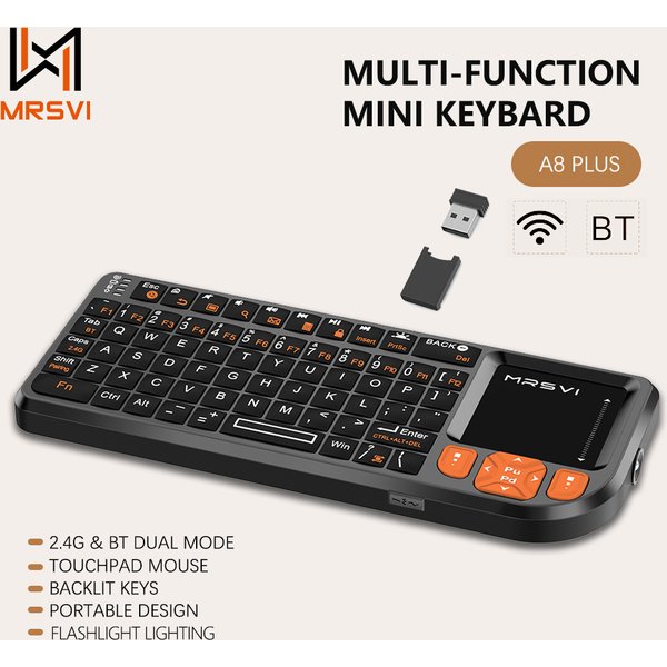 MRSVI Mini-Bluetooth-Tastatur A8 PLUS, kabellose 2,4-GHz-Tastatur mit Hintergrundbeleuchtung und Touchpad für Android TV Box, Mac, Laptop, Windows